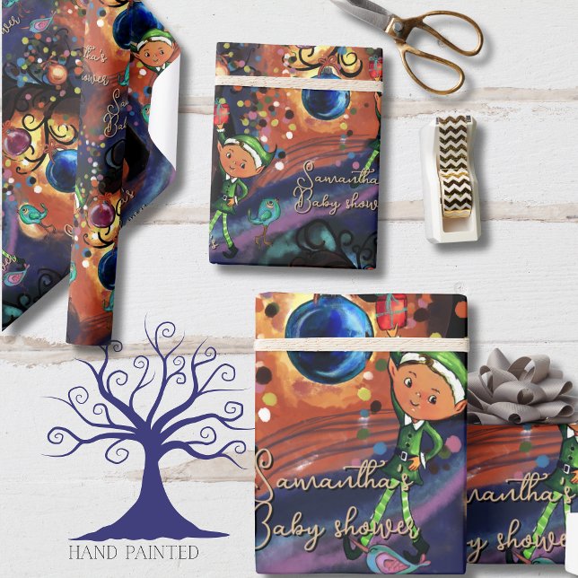 Papier Cadeau Whimsical Elf & Bird Baby Shower Personalized  (Whimsical Elf & Bird Baby Shower Personalized Wrapping Paper)