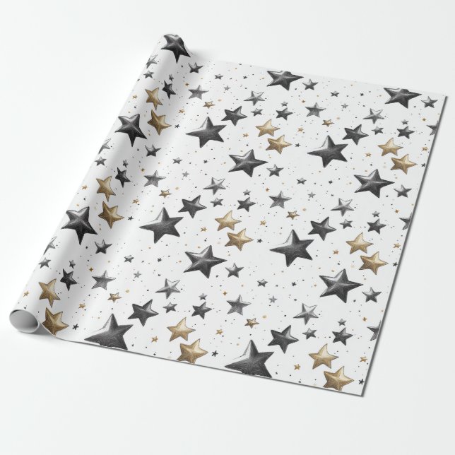 Papier Cadeau Whimsical Fun Festive de Noël Gold Stars (Déroulé)