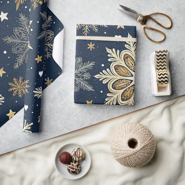 Papier Cadeau Whimsical Modern Navy Gold Snowflakes & Hearts (Artisanat)