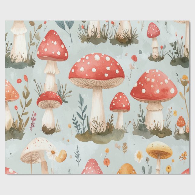 Papier Cadeau Whimsical Mushroom Wrapping Paper (Plat)