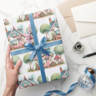 Papier Cadeau Whimsical Pastel Fairy Tale Cottage Art