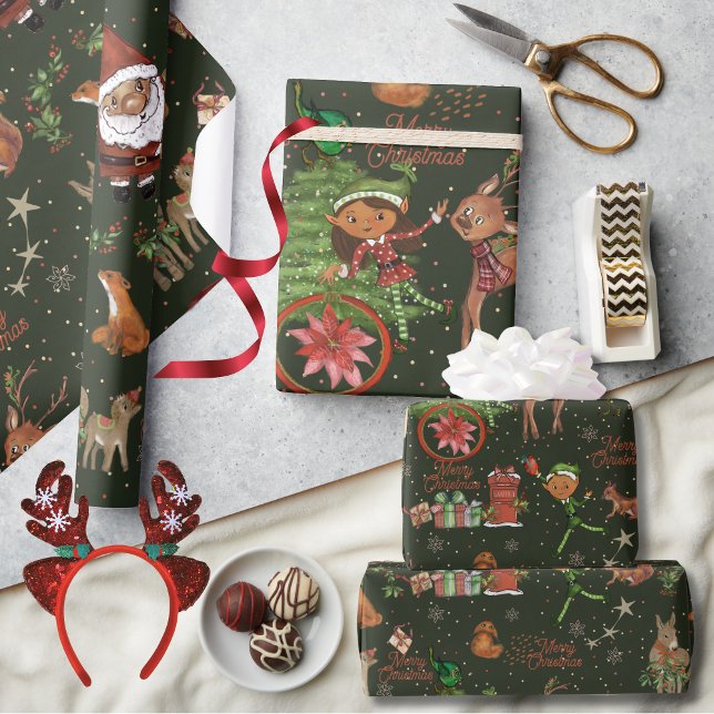 Papier Cadeau Whimsical Santa Elf & Friends Christmas Green (Whimsical Santa Elf & Friends Christmas Green Wrapping Paper)