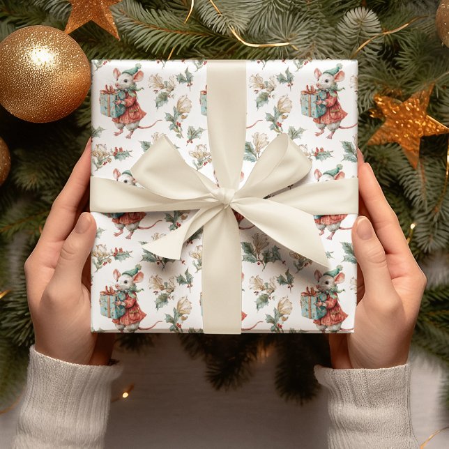 Papier Cadeau Whimsical Vintage Christmas Mouse Wrapping Paper  (Créateur téléchargé)
