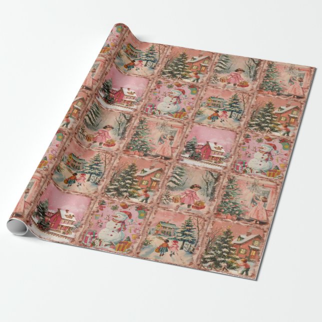Papier Cadeau Whimsical Vintage Noël Motif rose (Déroulé)