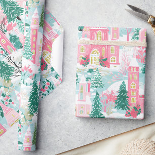 Papier Cadeau Whimssical Pastel Rose Winter Town Christmas