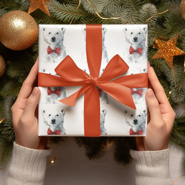Papier Cadeau White Bear with Red Bow – Christmas Wrapping Paper (Créateur téléchargé)