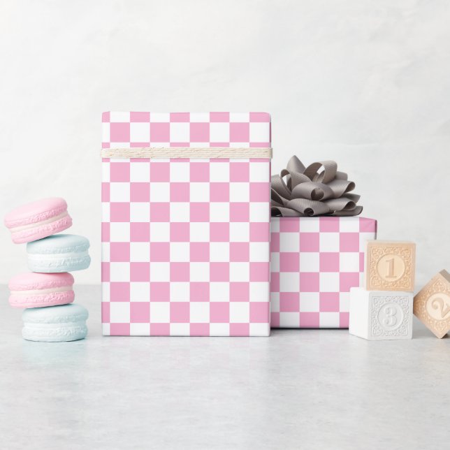 Papier Cadeau White & Pink Checkerboard Wrapping Paper Roll (Baby Shower)