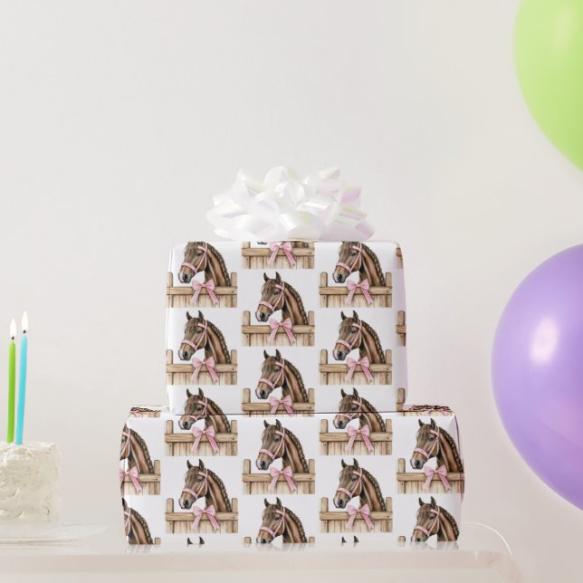 Papier Cadeau White Pink Cowgirl Horses Fence Birthday (Cadeaux de fête)