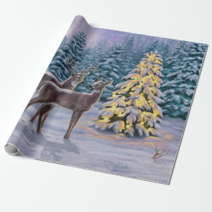 Papier Cadeau Whitetail Deer & Christmas Tree Scene hivernale