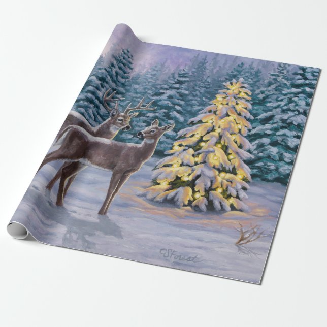 Papier Cadeau Whitetail Deer & Christmas Tree Scene hivernale (Déroulé)
