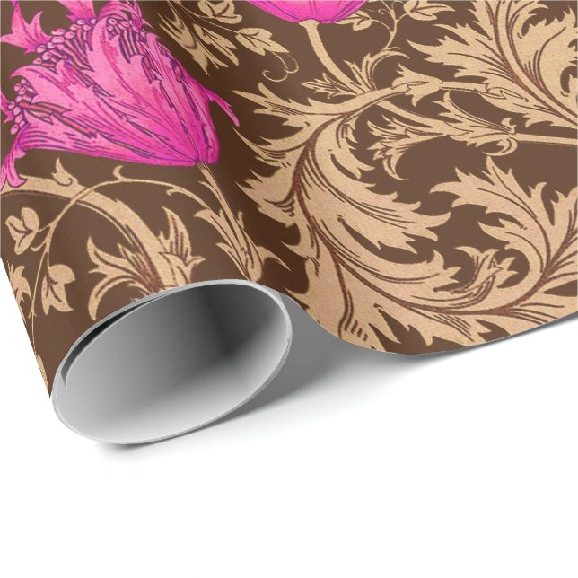 Papier Cadeau William Morris Anemone, Brown et Fuchsia Pink (Coin rond)