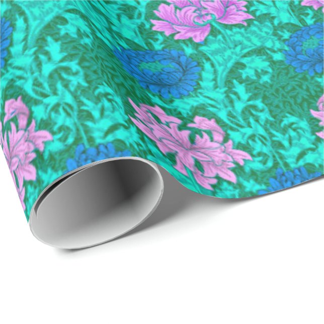 Papier Cadeau William Morris Chrysanthèmes, Aqua et Violet (Coin rond)