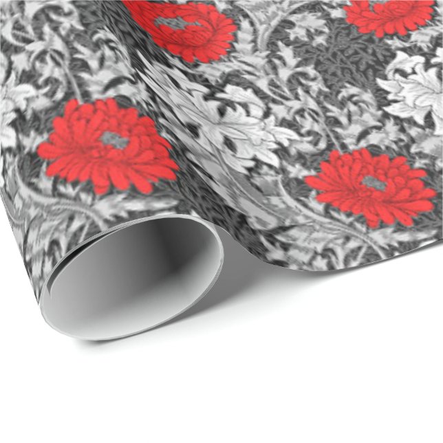 Papier Cadeau William Morris Chrysanthèmes, gris et rouge (Coin rond)