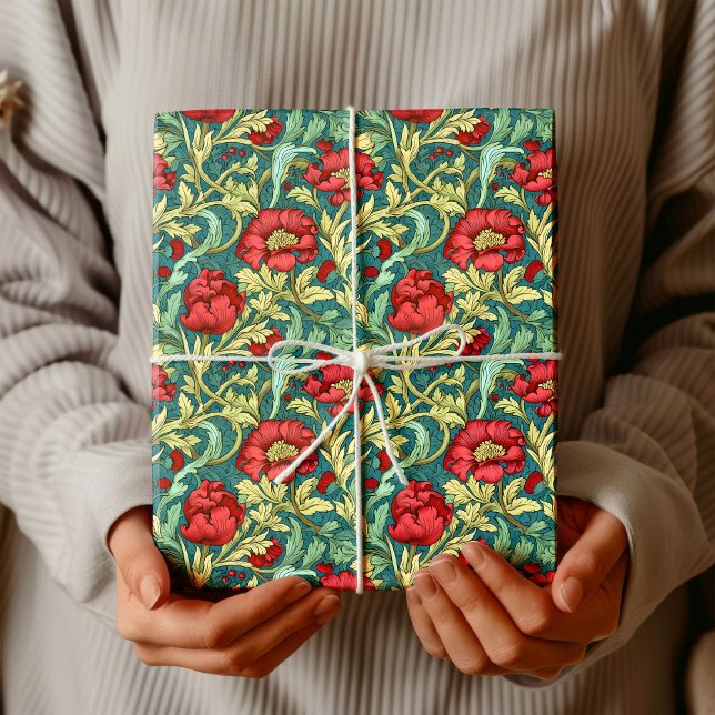 Papier Cadeau William Morris inspiré profond rouge pastel vert b (William Morris inspired deep red pastel green blue Wrapping Paper)