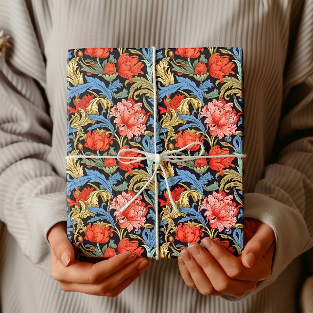 Papier Cadeau William Morris inspiré rouge profond pastel bleu r (William Morris inspired deep red pastel pink blue Wrapping Paper)