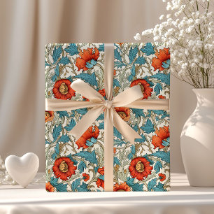 Papier Cadeau William Morris inspiré terre cuite pastel bleu