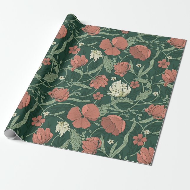 Papier Cadeau William Morris Inspiré Vert Rouge Botanique Floral (Déroulé)