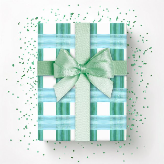 Papier Cadeau Windowpane Weave Gingham in Green and Aqua (Créateur téléchargé)