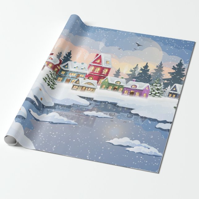 Papier Cadeau Winter Christmas landscape with snow-covered house (Déroulé)