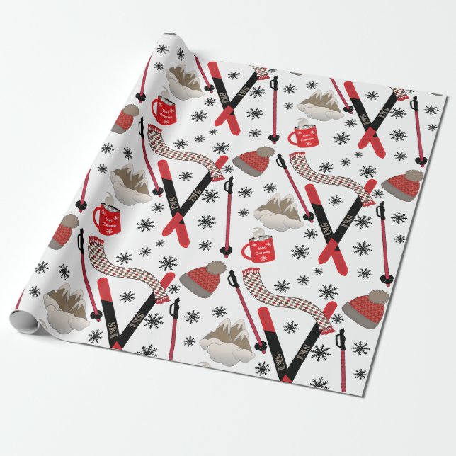 Papier Cadeau WInter Mountain Ski Trip thème Motif Wrapping Pa (Déroulé)