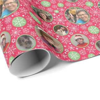 Papier Cadeau Winter Red Green Snowflon Photo personnalisée Noël