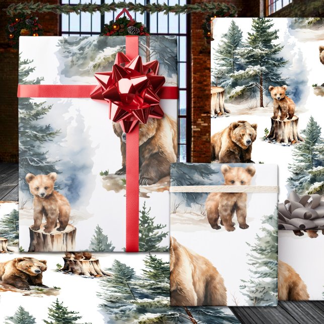 Papier Cadeau Winter Woodland Mère & Cube Grizzly Bear Pays (Winter Woodland Mother & Cub Grizzly Bear Country Wrapping Paper Rolls)