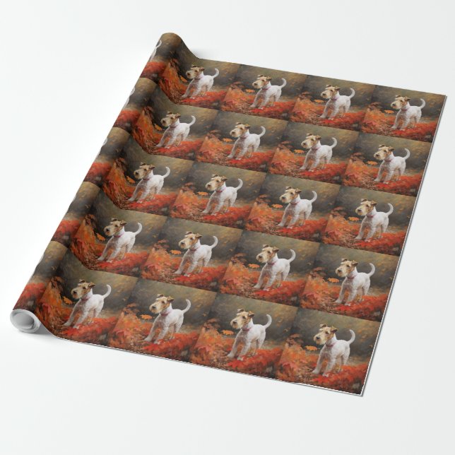 Papier Cadeau Wirefox Terrier en Feuilles d'Automne Tomber Inspi (Déroulé)