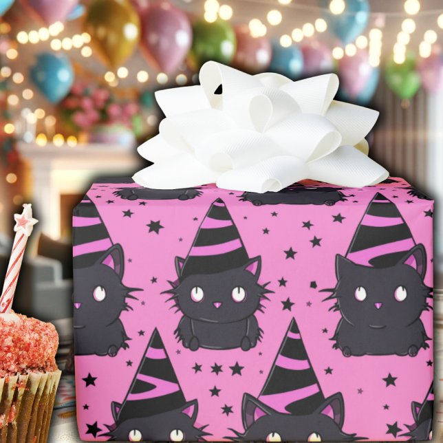 Papier Cadeau Witchy Pink Pastel Goth Black Kitty Chat Anniversa (pastel goth hot pink black kitty cat witchy wrapping paper witch cute whimsical witch hat stars)
