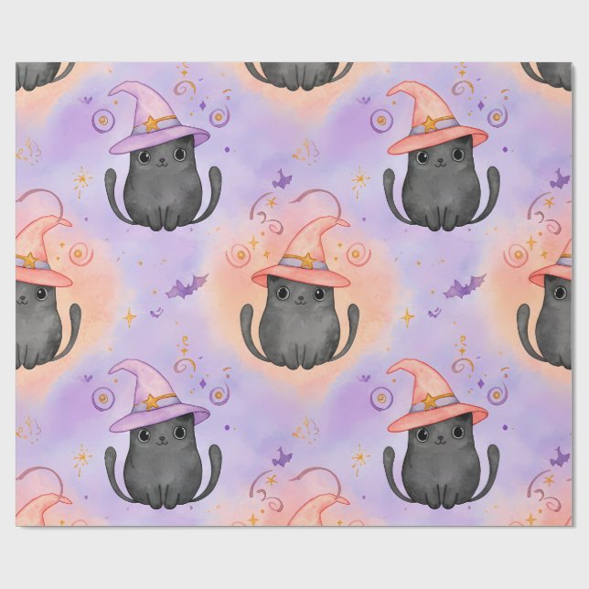 Papier Cadeau Witchy Whiskers – Pastel Halloween Cat Pattern (Plat)