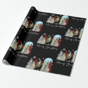 Papier Cadeau Wolf Howling Dans La Forêt Joyeux Arbres De Noël
