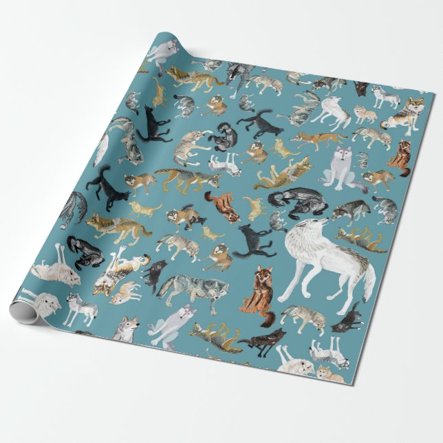 Papier Cadeau Wolves of the World Turquoise pattern (Déroulé)