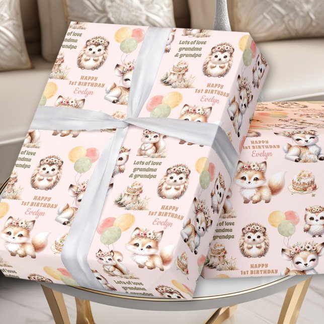 Papier Cadeau Woodland Animals Pastel Girl 1er Anniversaire Nom (Woodland Animals Pastel Girl 1st Birthday Name Wrapping Paper)
