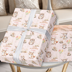 Papier Cadeau Woodland Animals Pastel Girl Anniversaire Nom