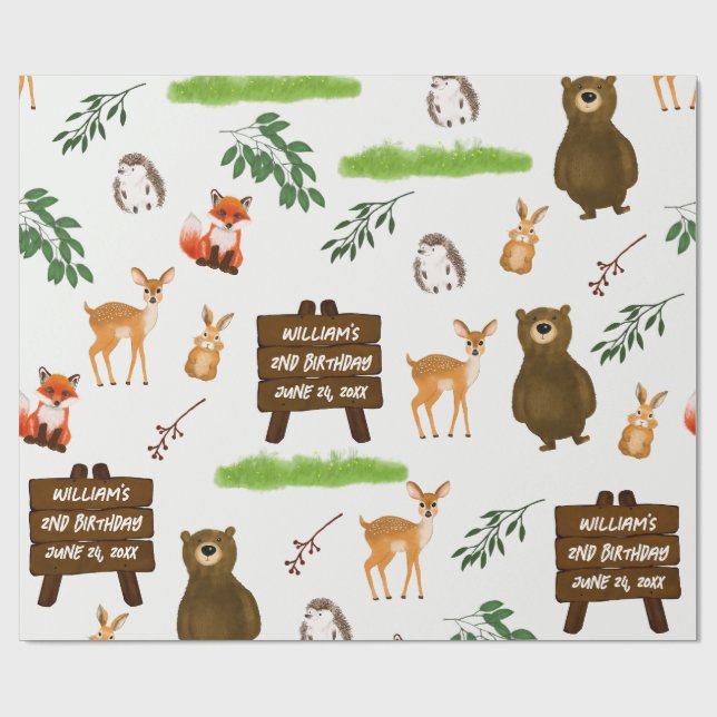 Papier Cadeau Woodland Deer Bear Rabbit Fox Hedgehog Birthday (Plat)