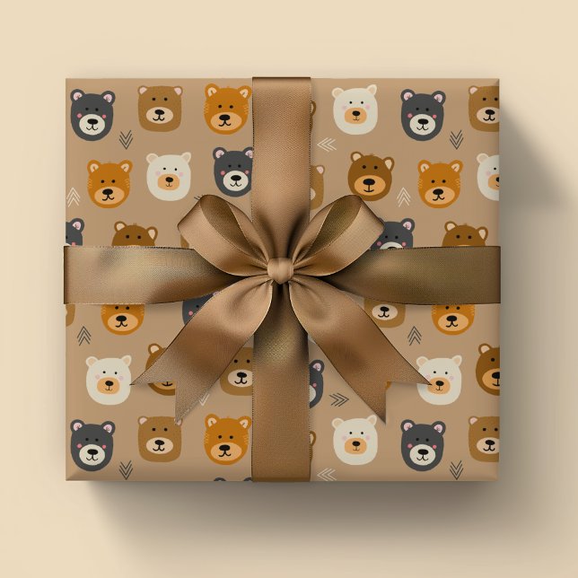 Papier Cadeau Woodland Ours mignons enfants (Cute bear head wrapping paper rolls ideal for boys birthday, new baby gifts or baby shower)