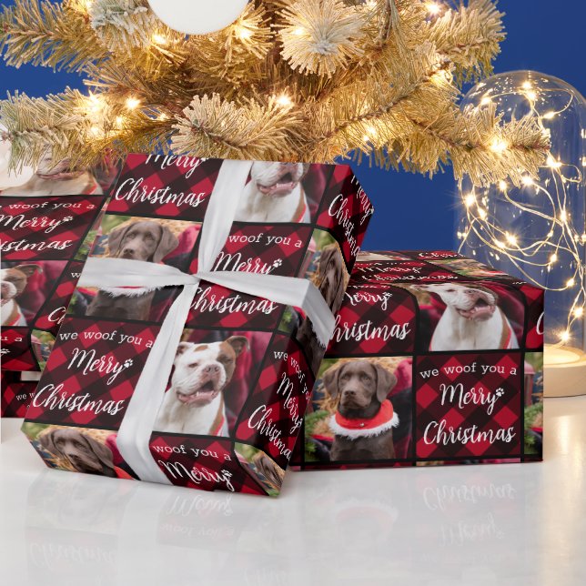 Papier Cadeau Woy Joyeux Noël Custom 2 Chien Photo Rouge Plaid (Vacances)