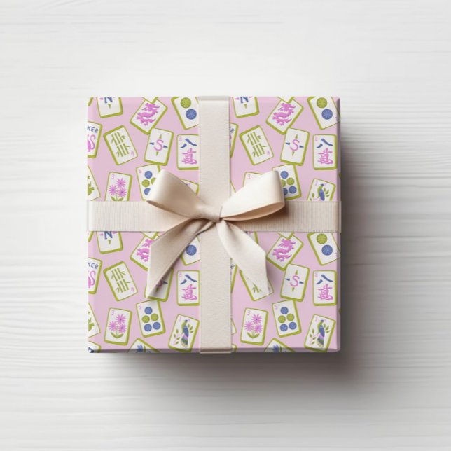 Papier Cadeau Wrapping Paper (Preppy hand drawn Mahjong Tiles tossed on a pastel pink background.)
