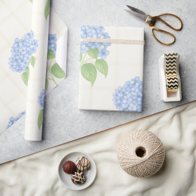 Papier Cadeau Wrapping Paper | Blue Hydrangea | Luxe Ivory Plaid (Artisanat)