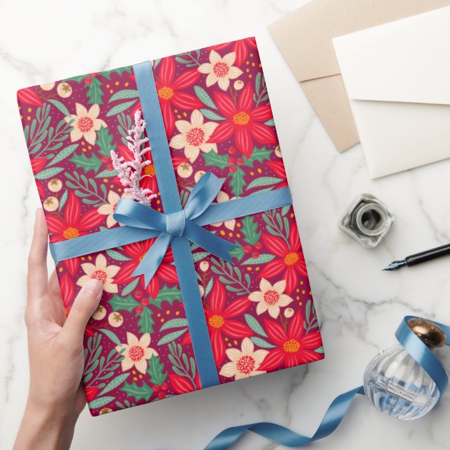 Papier Cadeau Wrapping paper for Christmas with red poinsettia. (Cadeaux)