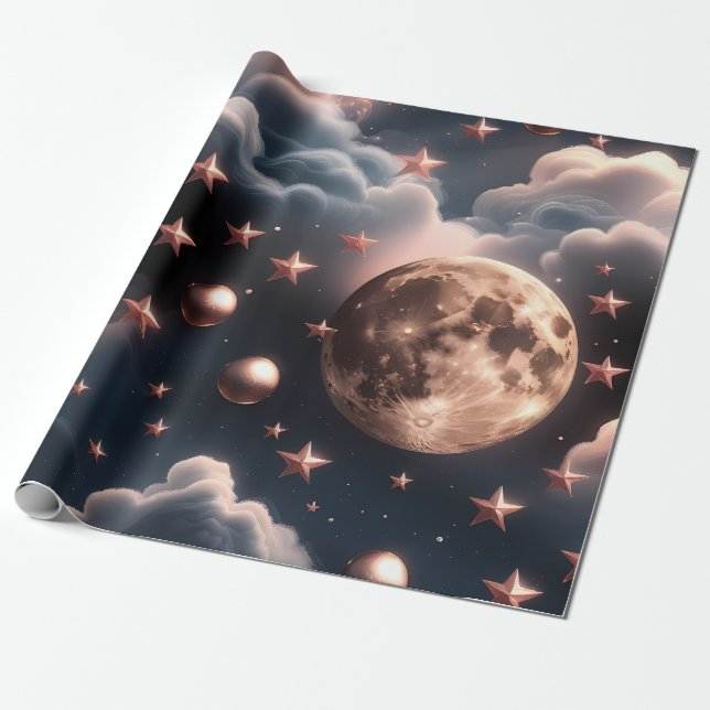Papier Cadeau Wrapping Paper – Luxury Rose Gold Celestial Moon  (Déroulé)