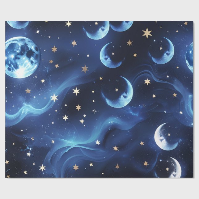 Papier Cadeau Wrapping Paper Sapphire Blue Celestial Moon (Plat)