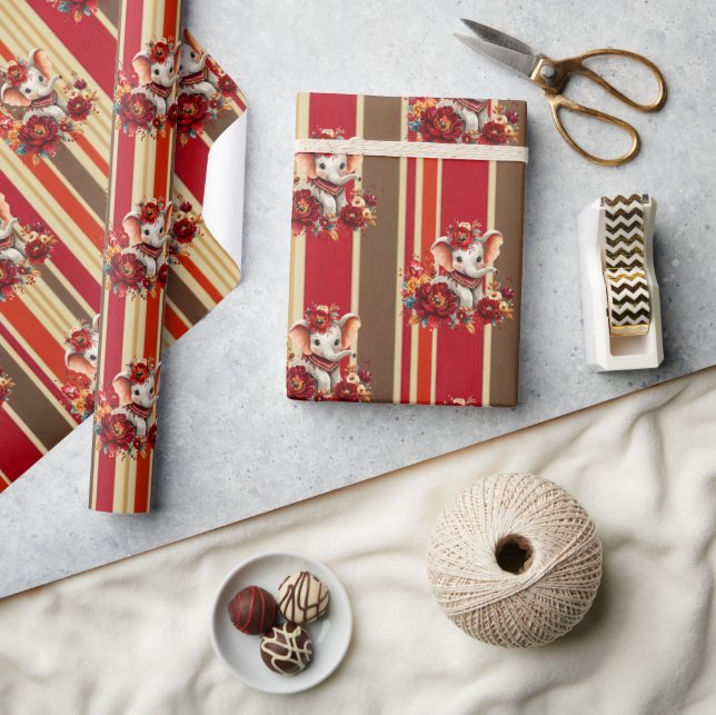 Papier Cadeau Wrapping Paper Stripe Elephant Terracotta  (Artisanat)