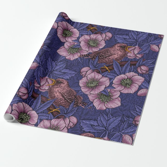Papier Cadeau Wren et hellebore, violet et rose (Déroulé)