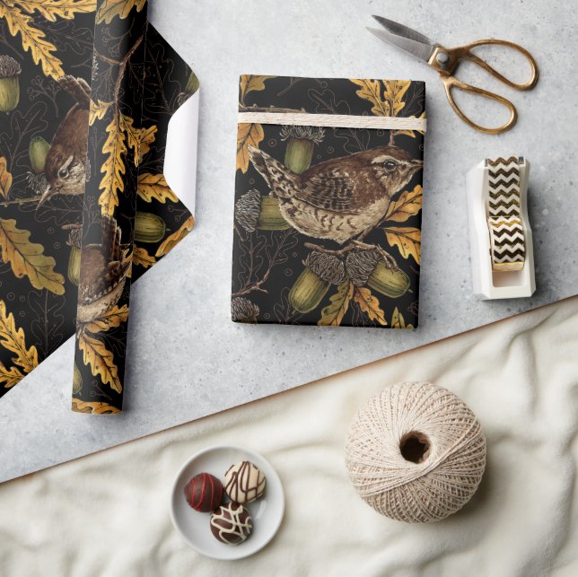 Papier Cadeau Wrens et cors sur noir (Artisanat)