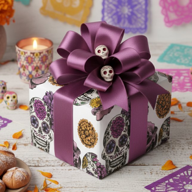 Papier Cadeau XL Colorful Handdraw Mexicaine Skulls Fleurs (Festive Dia de los Muertos Colorful Mexican Wrapping Paper. Floral Skulls Day of the Dead Pattern)