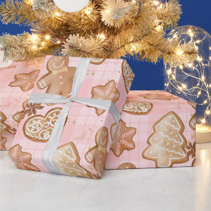 Papier Cadeau Xmas Brun Hommes en Pain d'Épice Cœurs Étoiles Arb