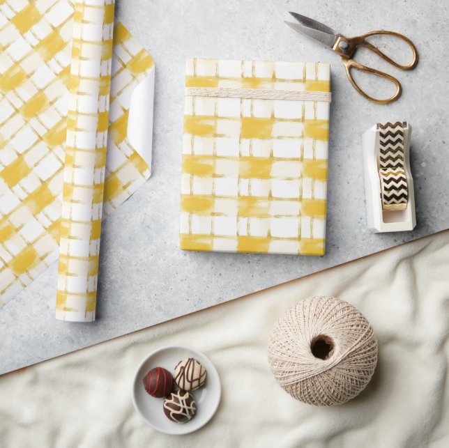 Papier Cadeau Yellow Gold White Plaid Stripes Birthday (Artisanat)