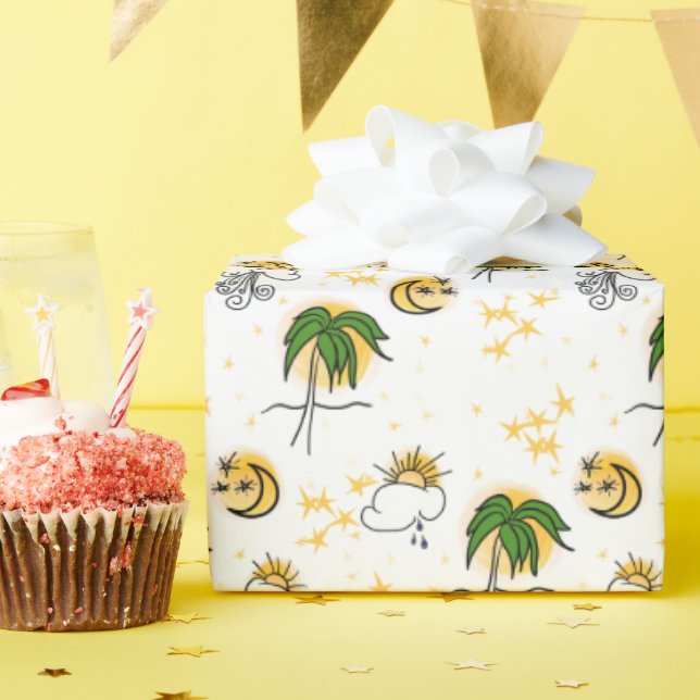 Papier Cadeau Yellow Suns Stars Moon Green Palm Scrapbook Paper (Fête d'anniversaire)