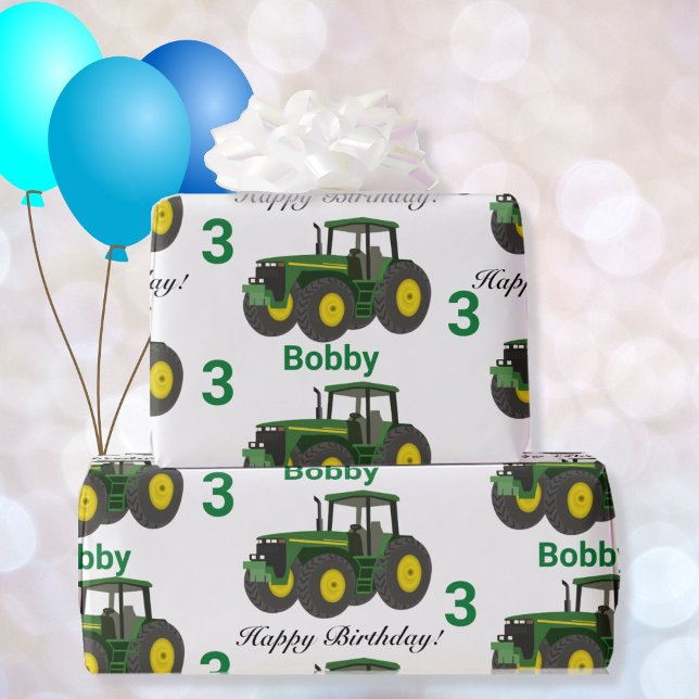 Papier Cadeau Young Boys Green Tractor Nom n Age Anniversaire (Créateur téléchargé)