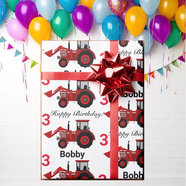 Papier Cadeau Young Boys Red Loader Tractor Nom n Age Anniversai (Créateur téléchargé)